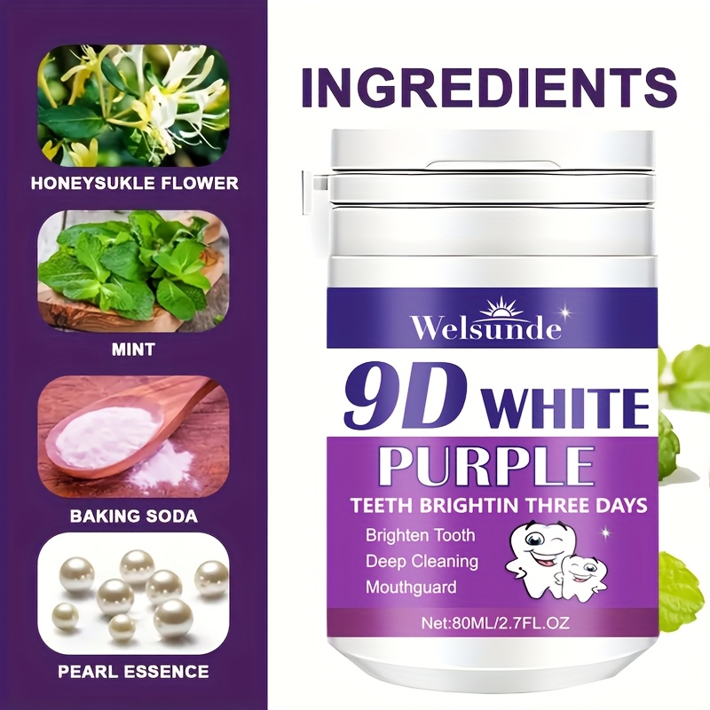 Welsunde 9D White Purple Tooth Powder - Deep Cleaning, Mint Flavor Probiotics, Refreshing Breath, Brighter Teeth Every Day, Home & Travel Use, Travel Tooth Care | Mint Flavor Powder | Deep Cleaning Powder