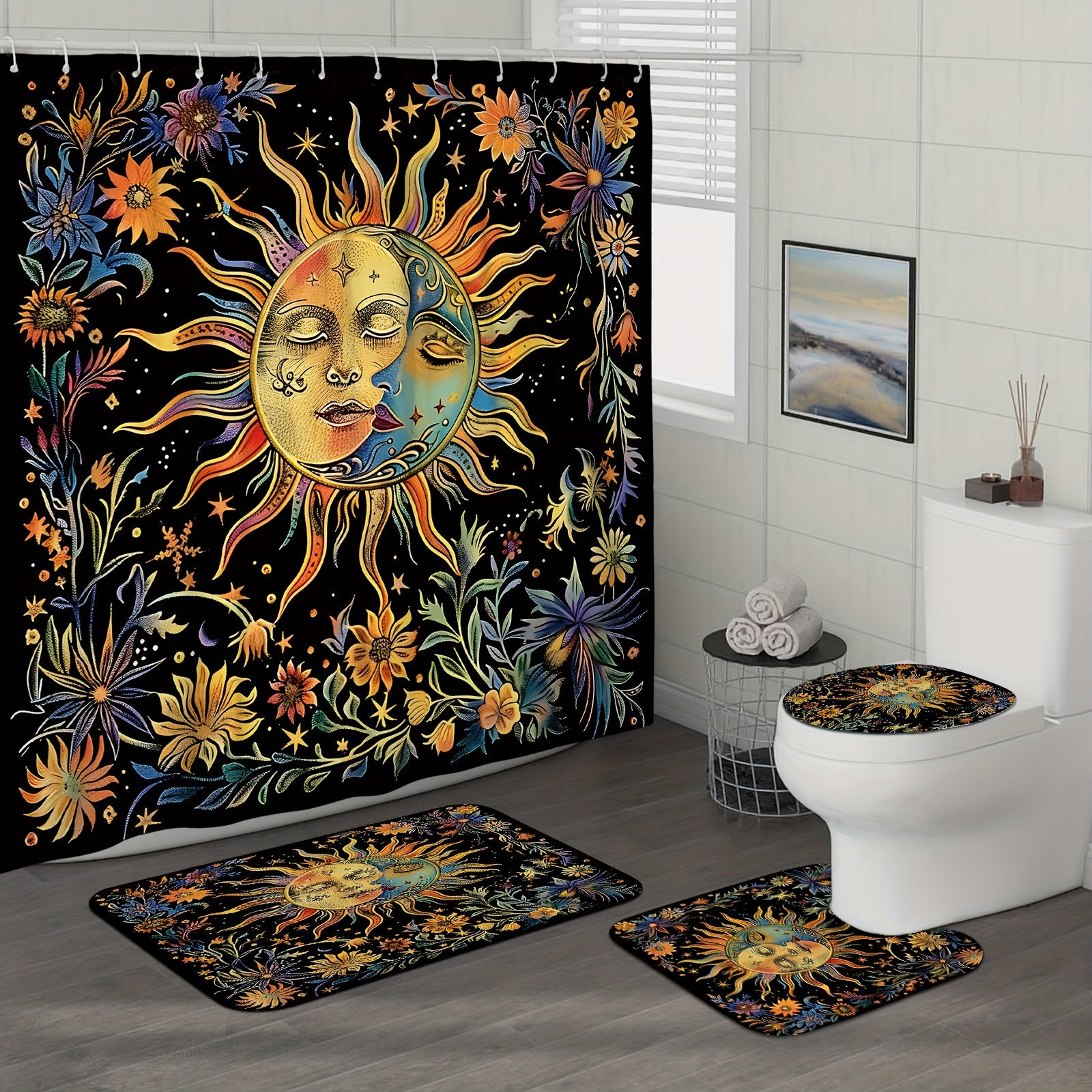 

1/4pcs Sun Moon Floral Pattern Bathroom Shower Curtain Set, Waterproof Curtains With Plastic Hooks, Bathroom Carpet, U-shaped Mat, Toilet Cover Mat, Bathroom Decor