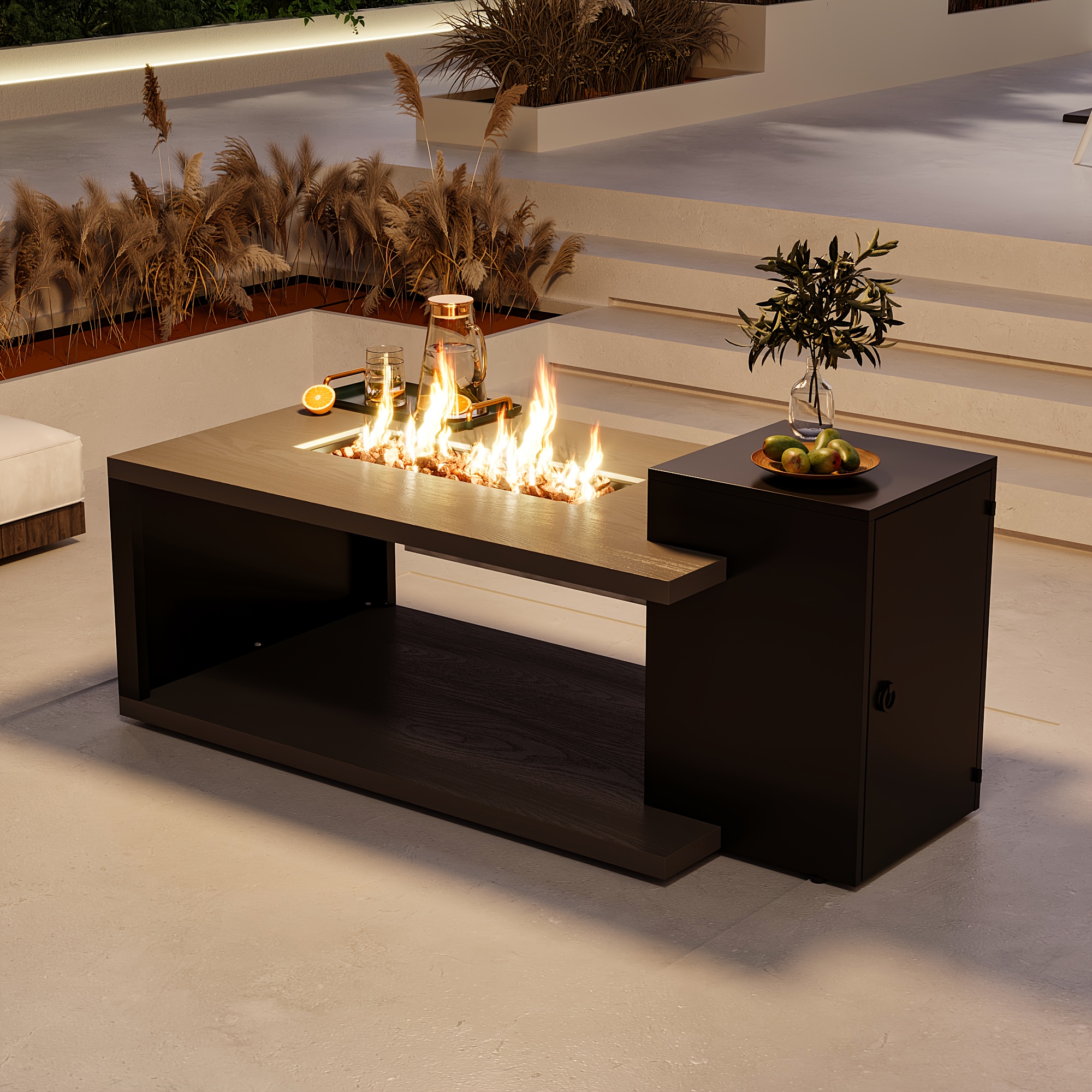53.1'' Wide Modern Outdoor/ Coffee Table & Side Table - All-Weather & Steel with Wood Grain, Low-Maintenance Furniture for Living Room, Balcony, Courtyard - Easy Assembly (Some Tools Required)