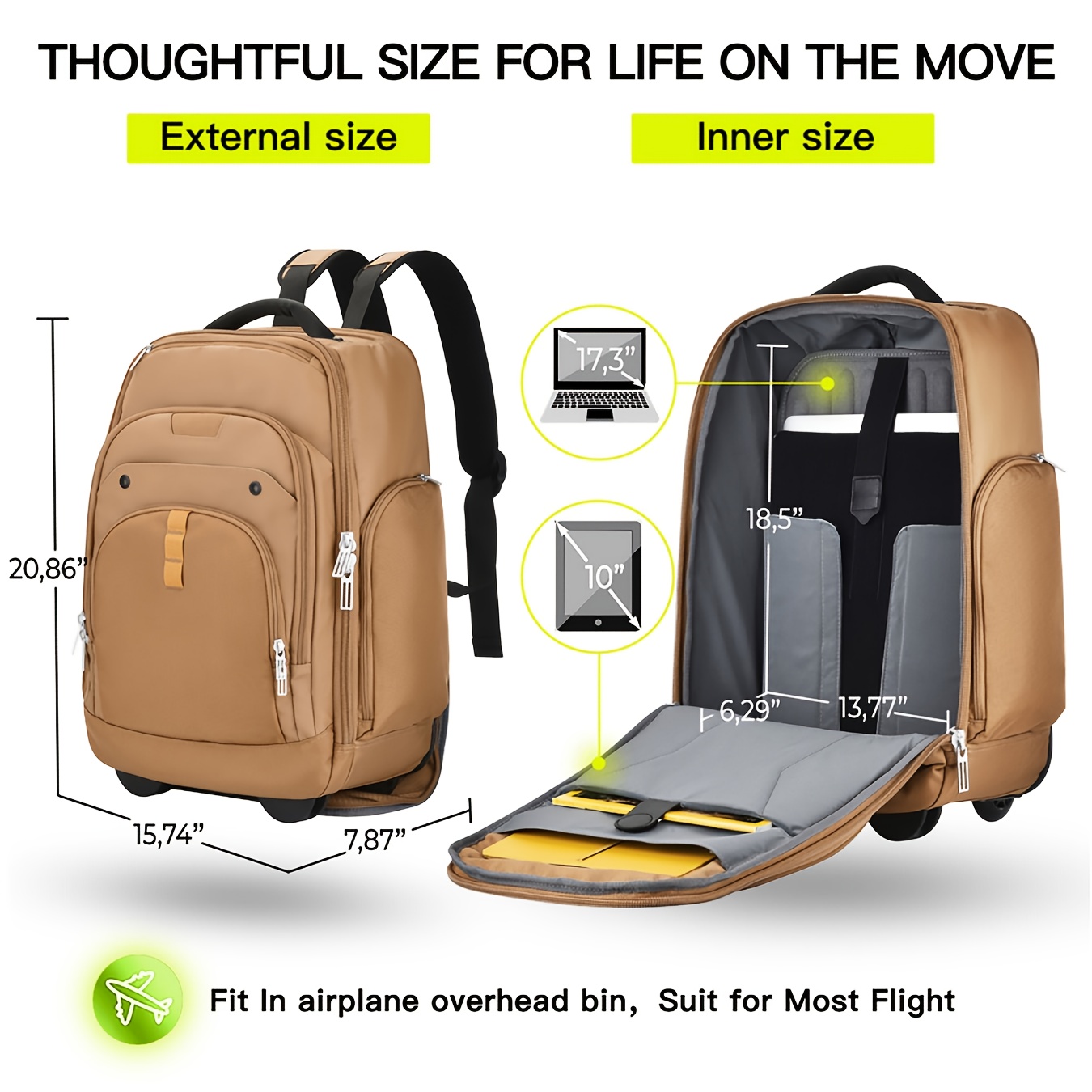 adjustable compartment rolling laptop backpack wheels - Temu