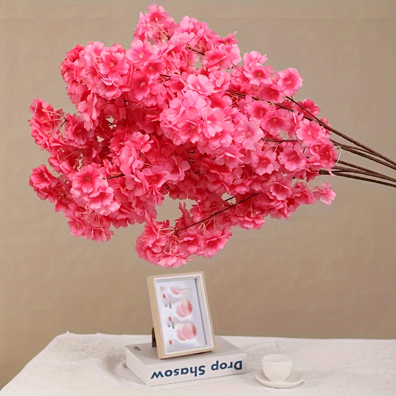 TEMU Cherry   Artificial Flowers - 3 Branches Silk Plastic Fake Sakura For Wedding And Engagement Arch Decor, Indoor Scenery Floral Arrangement