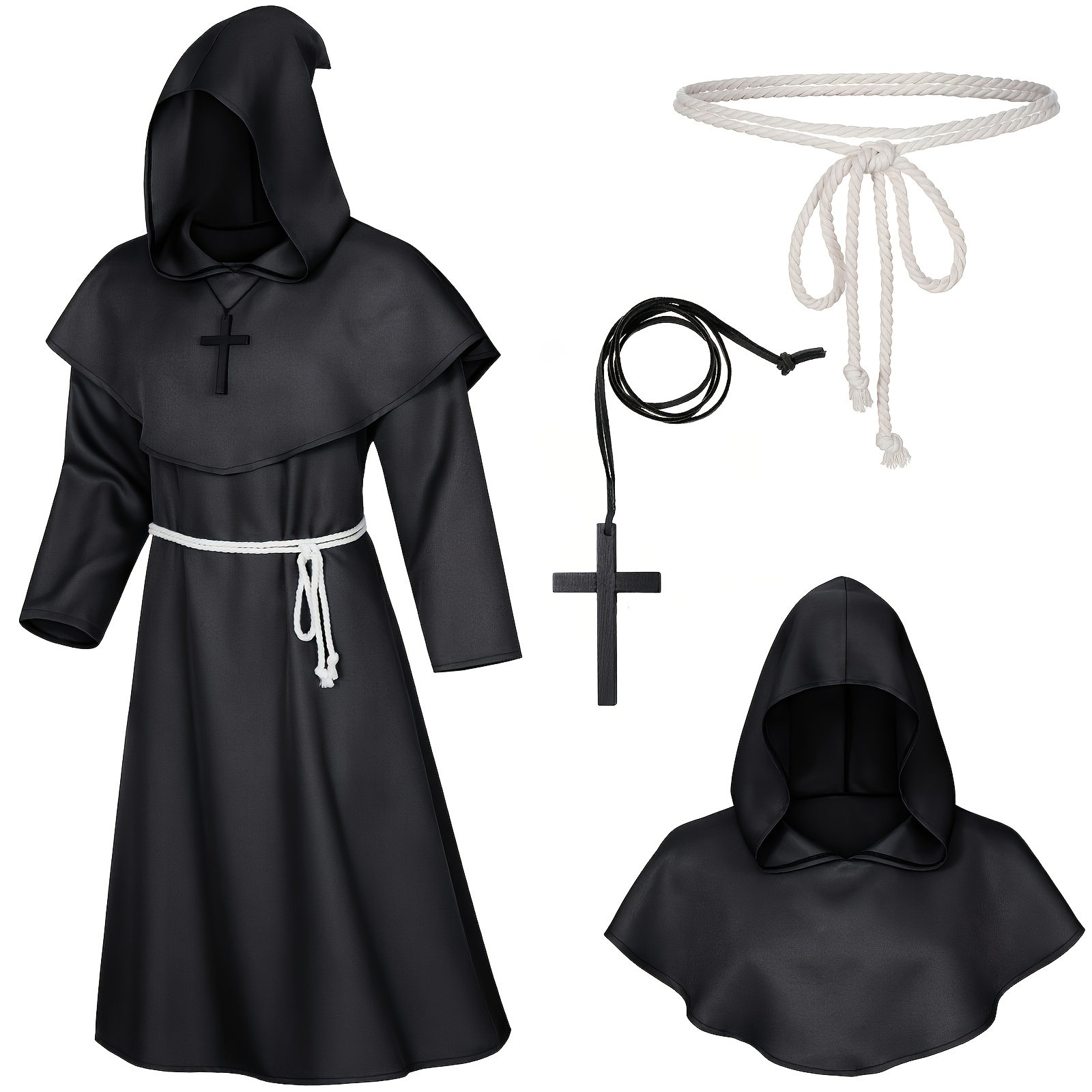 Petalum Mönch Kostüm – Mittelalter Kapuzenumhang Mit Kreuz & Gürtel, Für Halloween, Karneval & Cosplay, Erwachsene (Größen S–XL)