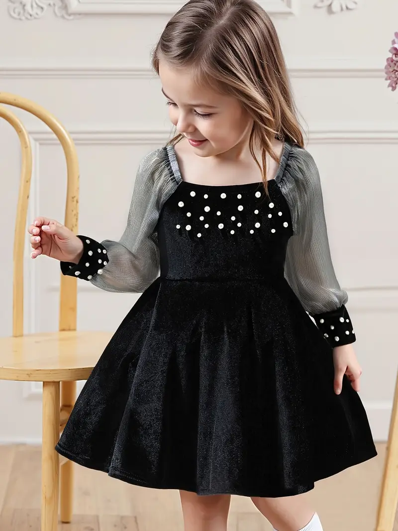girls black velvet pearl dress individual tulle long sleeve - Temu United Arab Emirates girls black velvet pearl dress individual tulle long sleeve - Temu United Arab Emirates