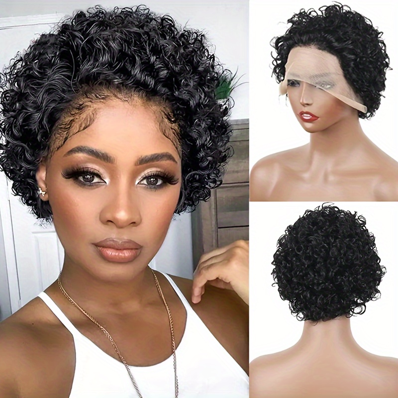 Short Curly Wavy Human Hair Wigs Short Pixie Cut Wigs 13*1 - Temu