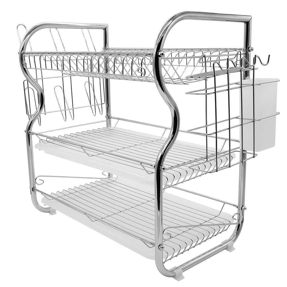 3-tier Dish Drain Rack With Tray And Cup Rack, Dish Rack For Kitchen, Silvery