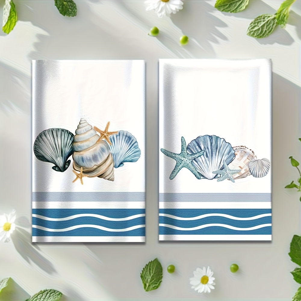 TEMU 2pcs Marine-themed Starfish & Shells Kitchen Towels - Soft Absorbent Tea Towels & Dishcloths Suitable For Bathroom, Multi- Cleaning Cloths, Cute