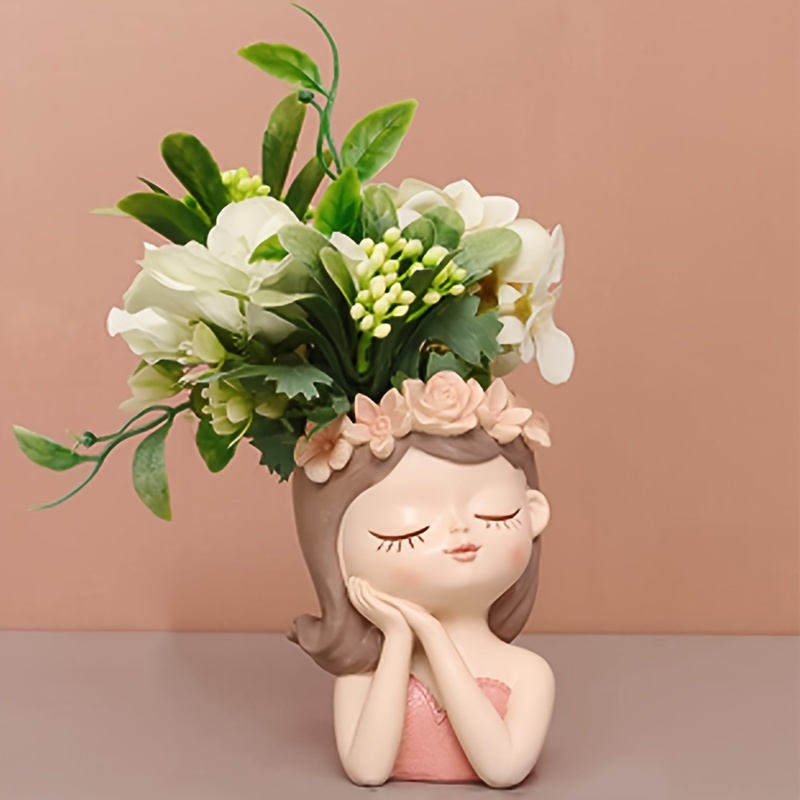 

1pc, Rustic Resin Flower Pot, Cute Cartoon Girl Design With 3d Floral Accents, Mini Succulent & Small Plant Container (4.35"x2.16"x3.15"), Home & Garden Decor