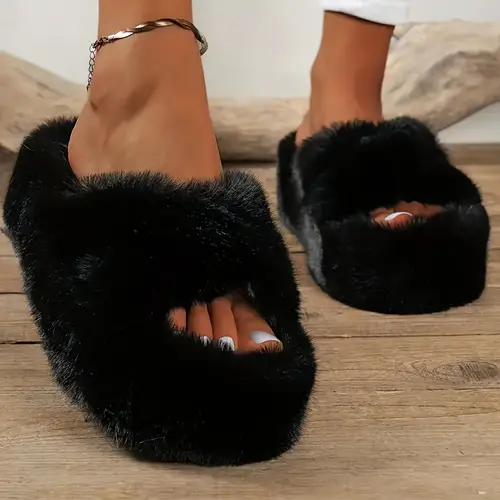 cozy fuzzy womens slippers open toe crisscross plush black indoor house shoes for comfortable winter wear casual house shoes plush slipon slippers soft plush material house slippers valentines day gifts