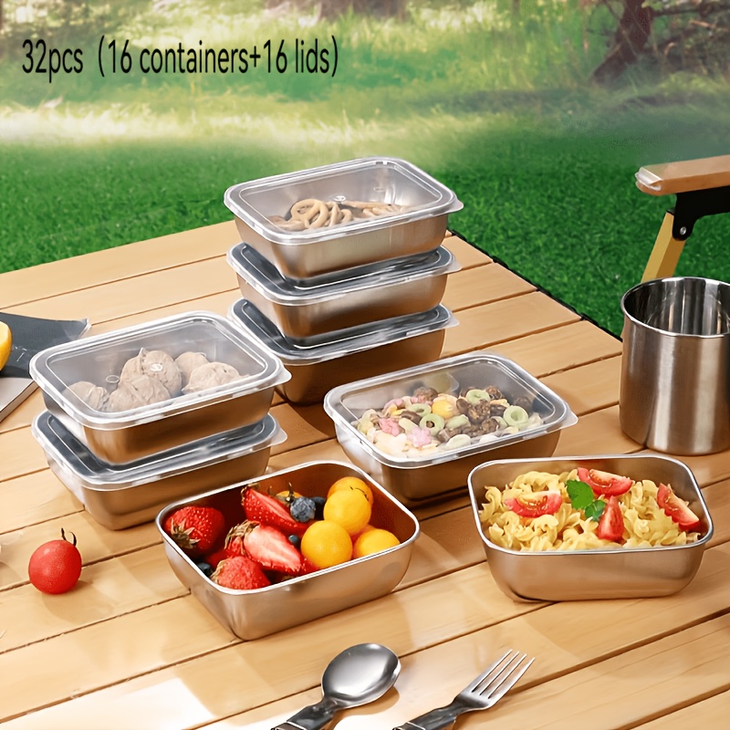 TEMU Set de 32 boîtes de conservation alimentaire haut de gamme en acier inoxydable, 16 contenants + 16 couvercles rabattables, boîtes alimentaires