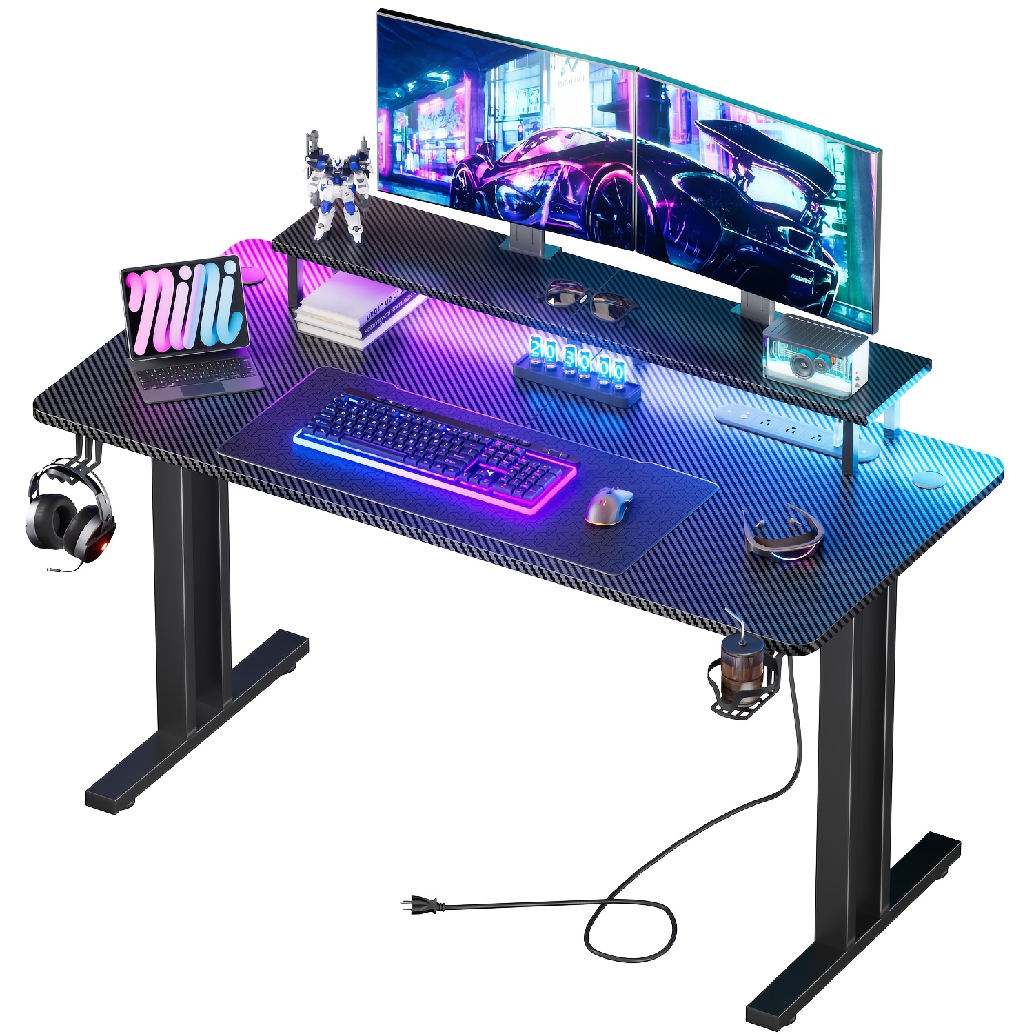 TEMU Hlfurninova Rgb Led Gaming Desk With Power Outlets And Monitor Stand, Ergonomic Computer Gaming Workstation, Large Carbon Fibre Tabletop Home