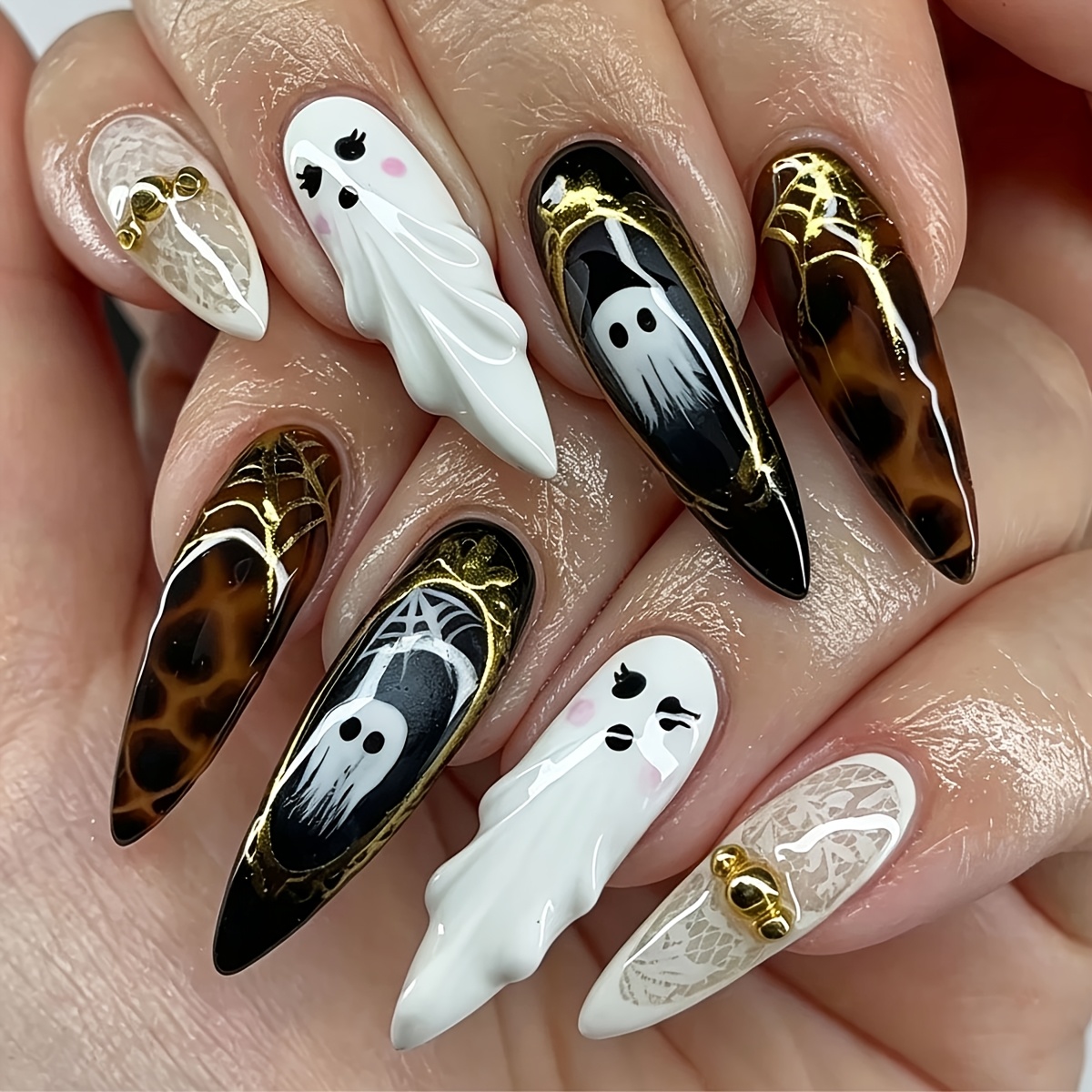 TEMU 24pcs 24pcs Pieces Vintage & Tips - Long Almond Press On Nails Suitable For Halloween, & Suitable For Hands, Parties, Daily Wear, Machine Nails
