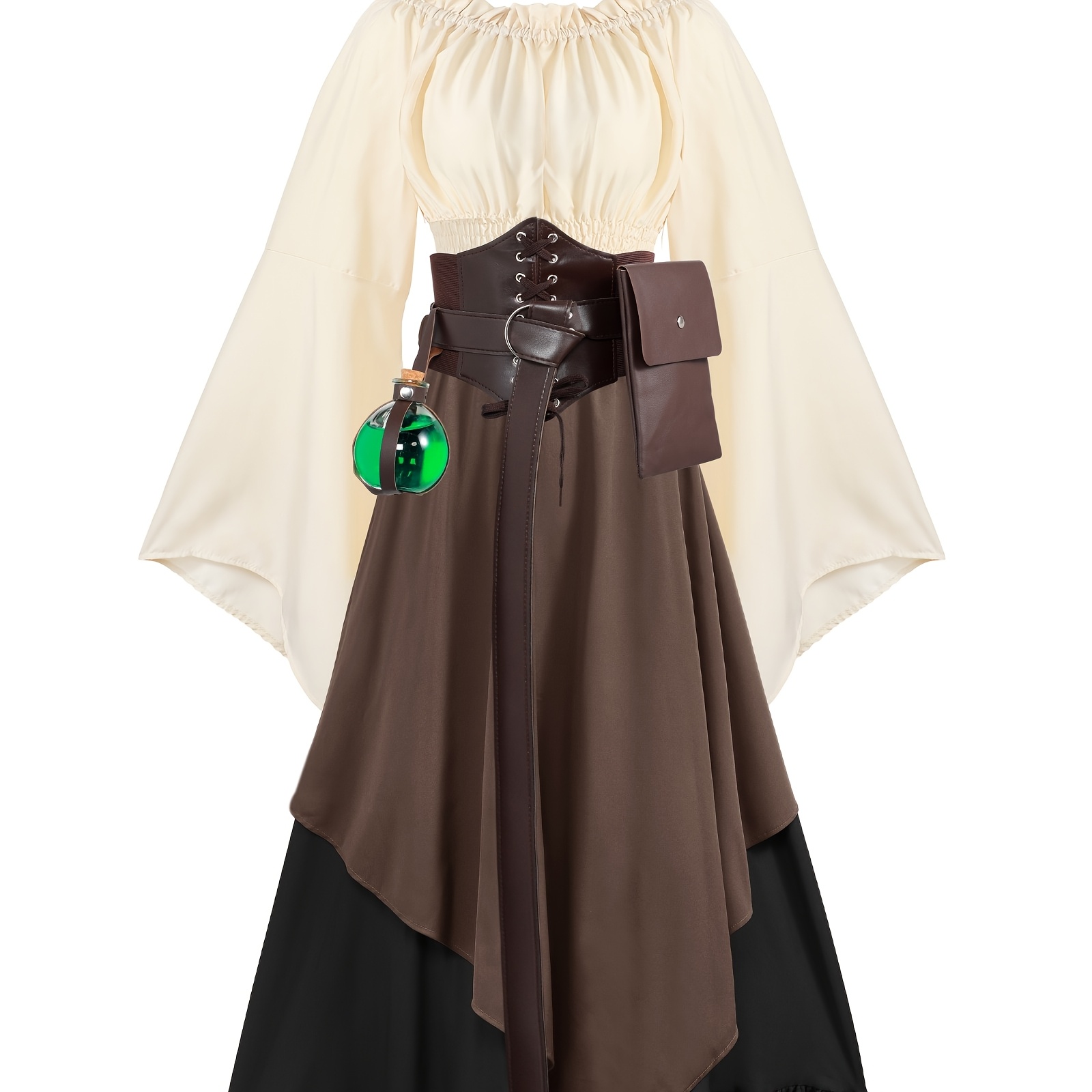 * Women'S Medieval Renaissance Costume for Halloween, Featuring a Blouse,  Skirt, Pouch, Corset, Belt, And Bottle in Brown, Size Large