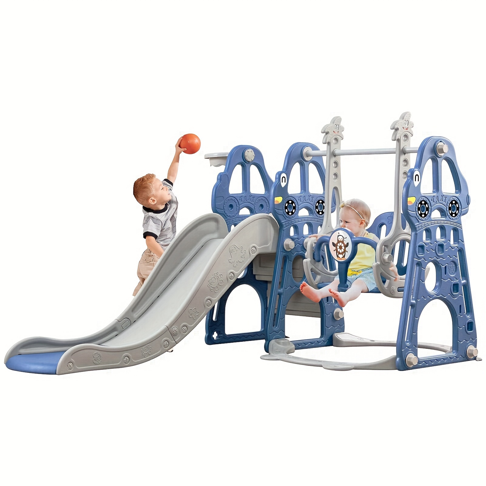 TEMU Slide And Swing Set 4in 1 Playground With Swing Slide Climber And Basketball Slide For Boys And Girls Backyard Playsets Indoor And Outdoor White