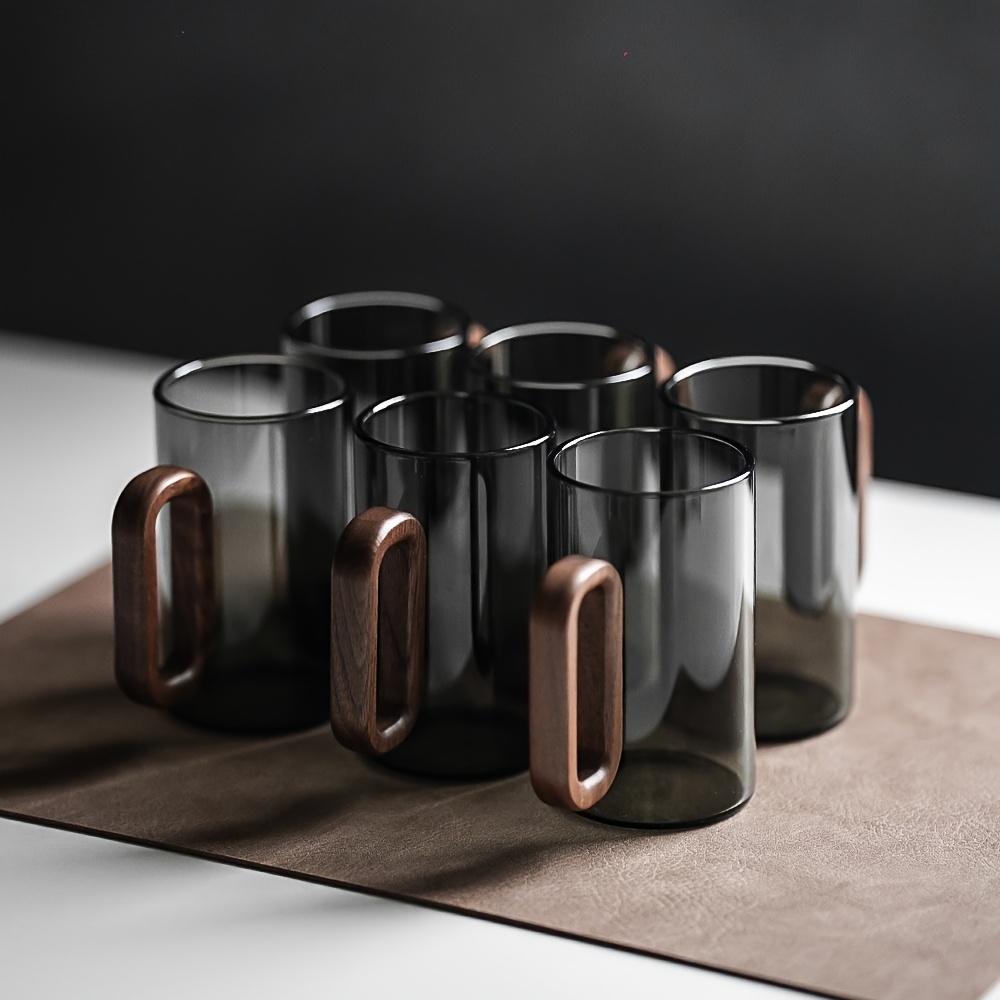 E-shop 6-teiliges Set aus hochwertigem Borosilikatglas, hitzebeständige Tassen für den Hausgebrauch, Wohnzimmer Tassen mit rauchgrünen Holzgriffen,