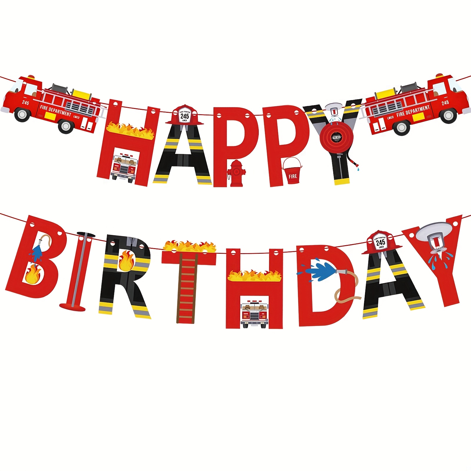 1 Set Of Happy Birthday Fire Truck Banner For Firefighters, Featuring A Fire Truck Rescue Theme For A Birthday Party, Including Party Supplies Like Banners And Flags