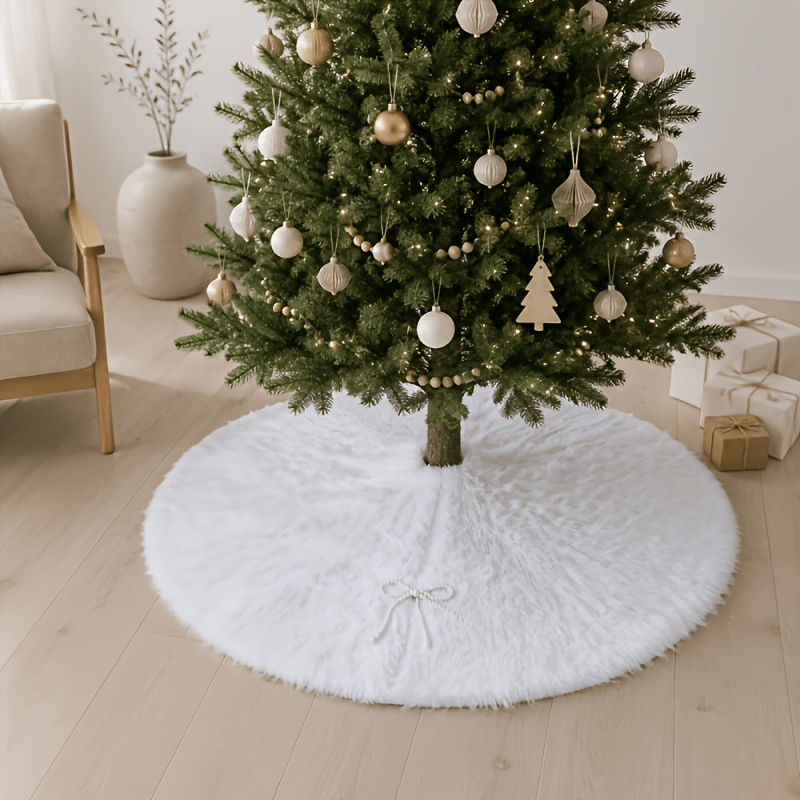 TEMU 1pc White Faux Fur Christmas Tree Skirt With Pearl Bow Closure - Soft Fluffy Round Base Mat Suitable For Home, Living Room, Holiday Party