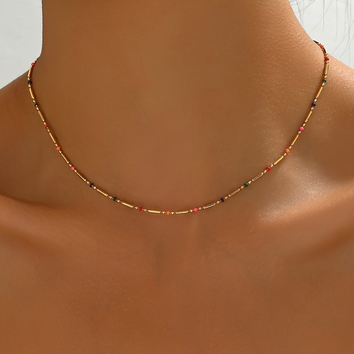 1pc/pack Bohemian Style Colorful Drip Oil Beads, 18k Gold-plated Fashion Retro Rainbow Necklace, Classic And Easy Suitable For Daily Wear