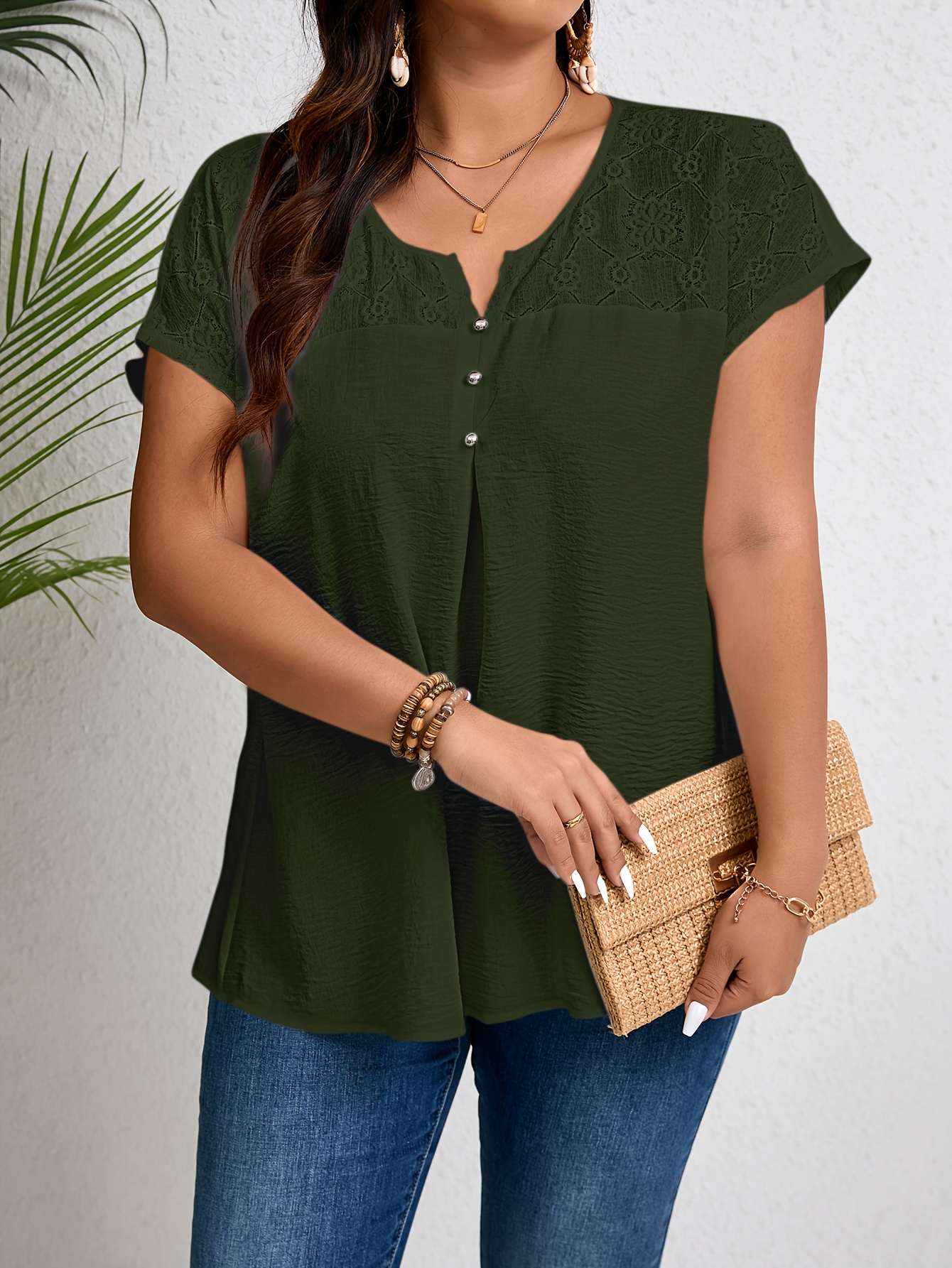 Women'S Plus Size Casual Top - Elegant Maroon Blouse with Contrast Lace Detail, Non-Stretch Fabric, Perfect for Spring/Summer/Fall, Plus Size Blouses