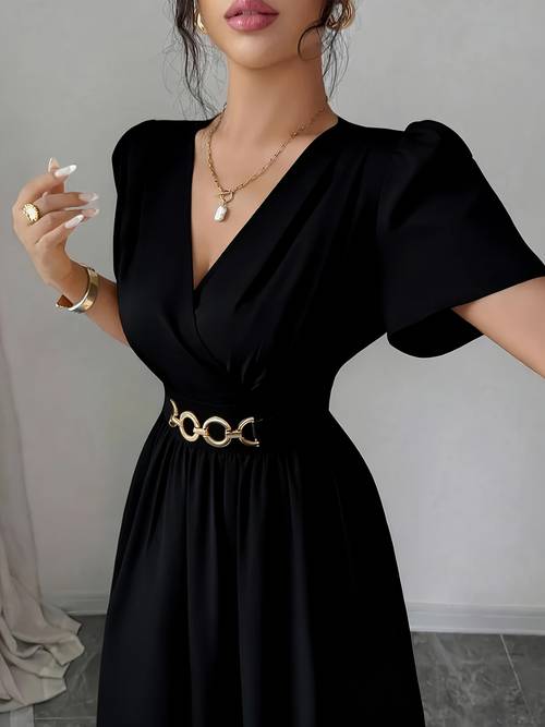 spring summer style womens solid color short sleeve dress with metal waist accessory decoration cinched waist design valentines day ramadan party gathering fashion dress back to season graduation season birthday party elegant casual daily