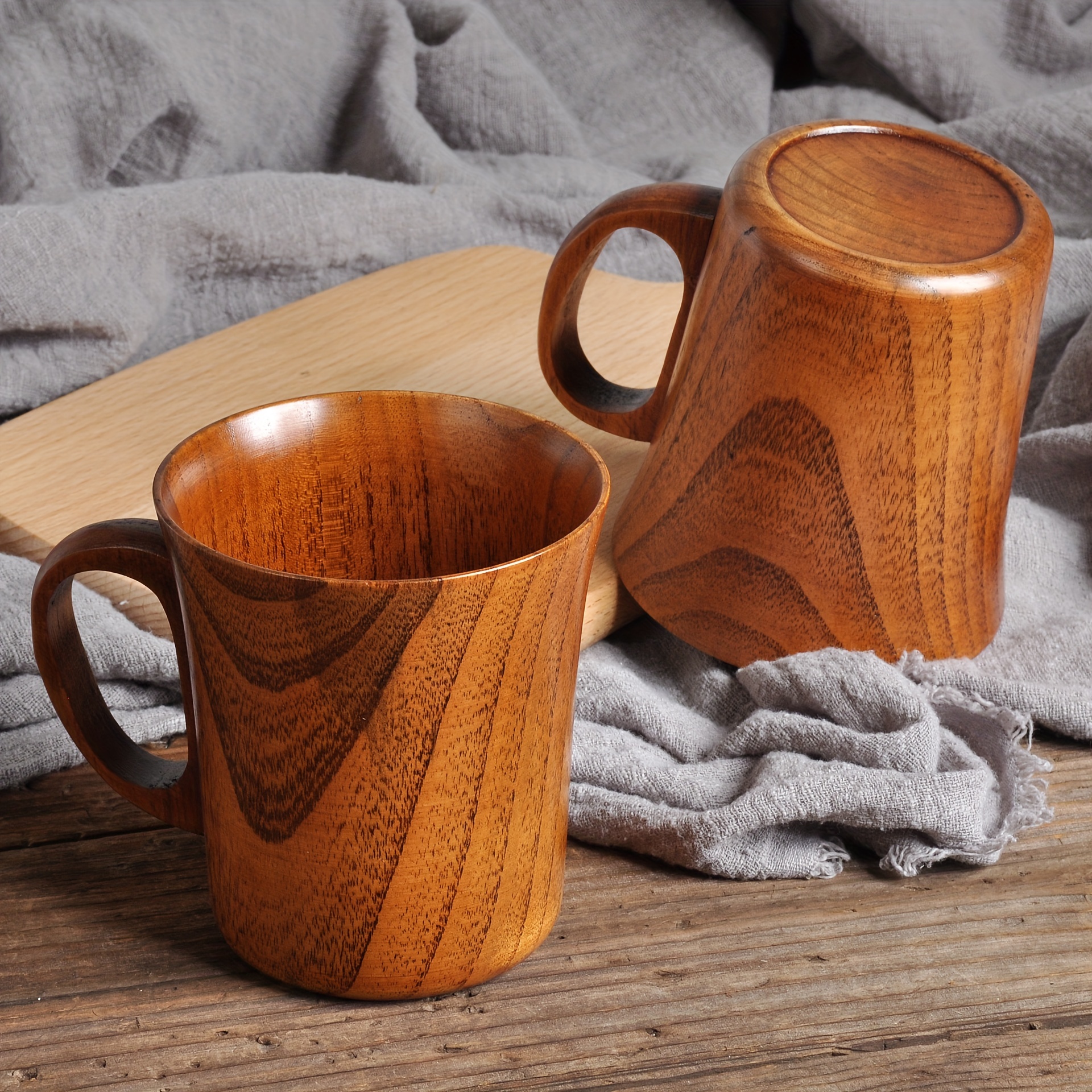 

2pcs Matching Set Of Hand Wash Only, Reusable, Multipurpose, Natural Wood Mugs With Handles - Office Water Cups, Cups