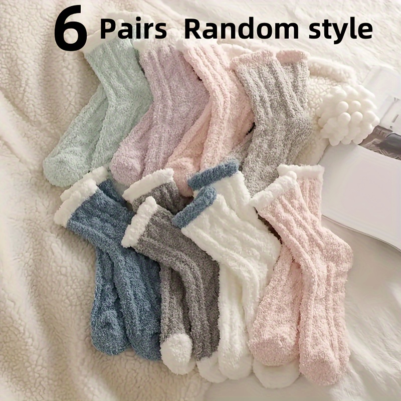 Image of Random 6 Pairs Coral Fleece Sailor Socks, Casual And Warm Soft Floor Home Socks, Suitable For Autumn Winter, Women's Hosiery And Socks