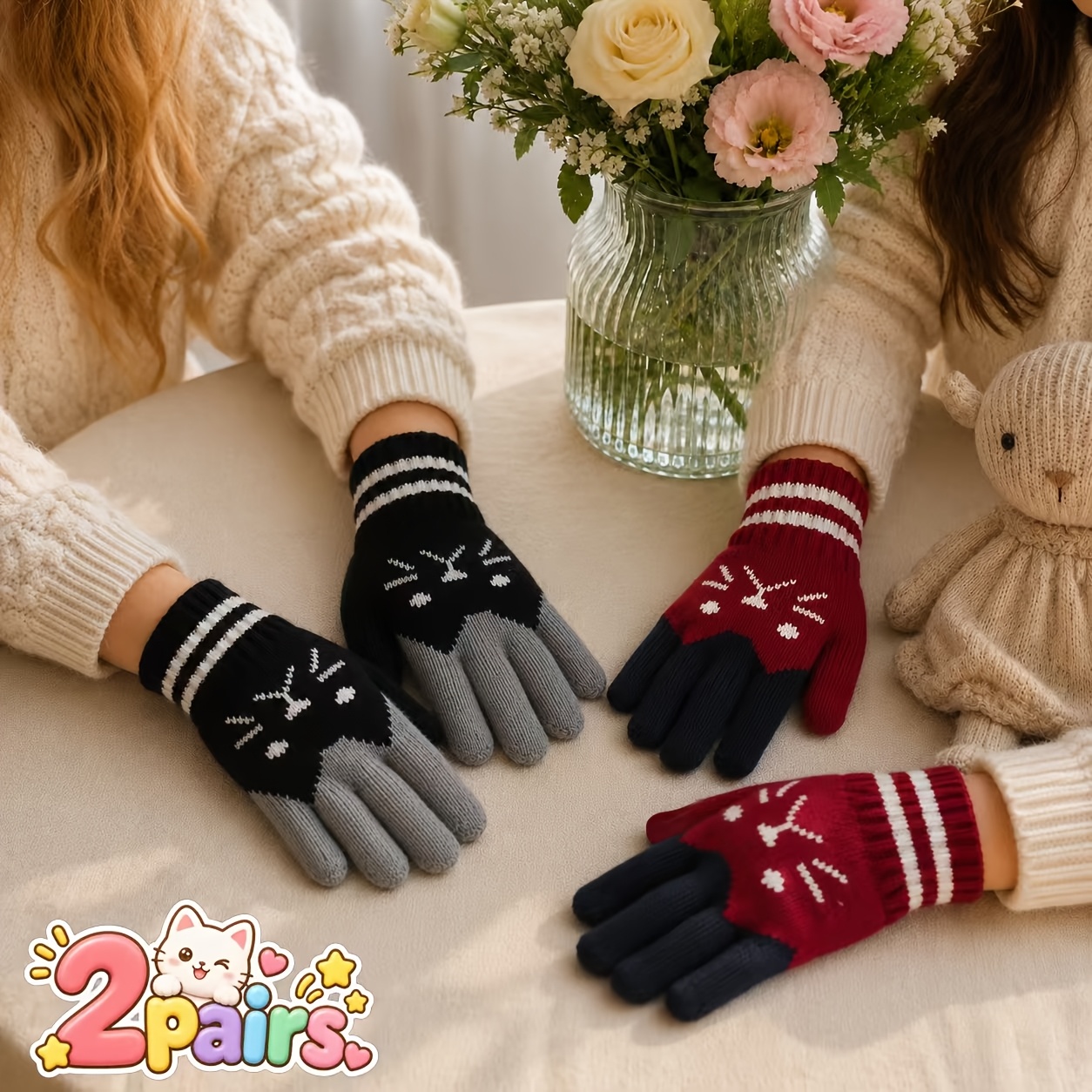 TEMU 2 Paires de Gants Chauds, Motif Tête de Chat , Design Élastique Tendance pour Toutes les Doigts, Gants Chauds et Anti-Froid , Gants Chauds,