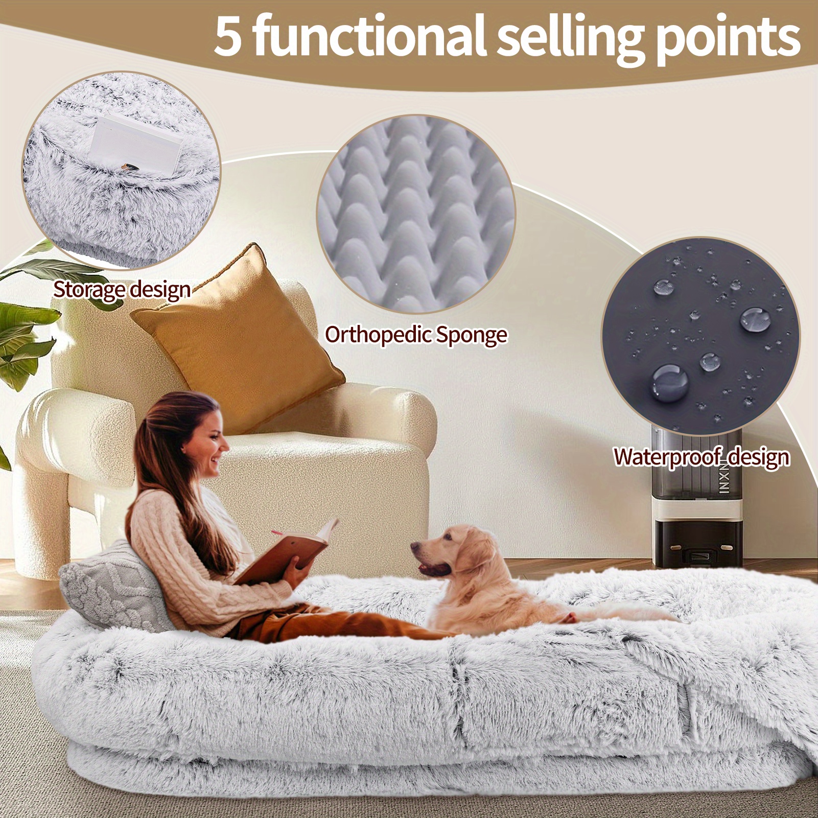 71 x45 x12 orthopedic dog bed for humans & pets - washable   fur oval pet bed with plush pillow & strap, no assembly needed, durable polyester, gray - medium dogs, cozy nap & resting spot, pet bed for dogs,   decor, elegant pet accessory, soft texture surface Product details 2