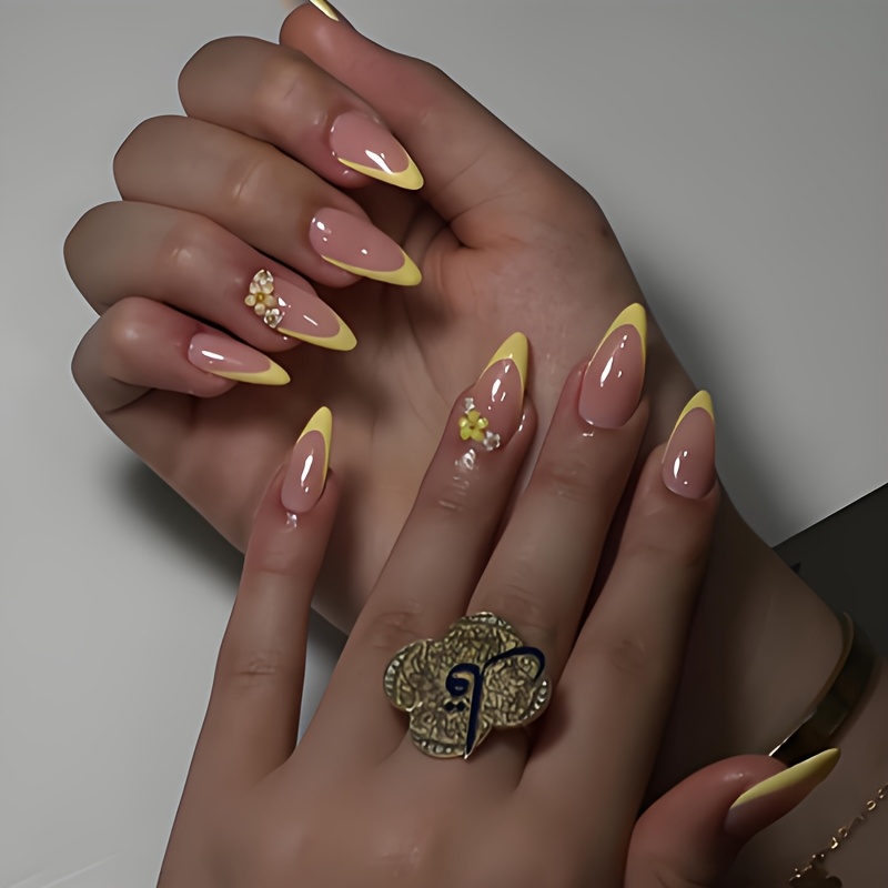 E-shop 24 Stück Mittellange Mandelform Press-On-Nägel Gelbe Nagelspitzen Künstliche Nägel 3D Gelbe Blume kleine weiße Blumen Design Geeignet für den