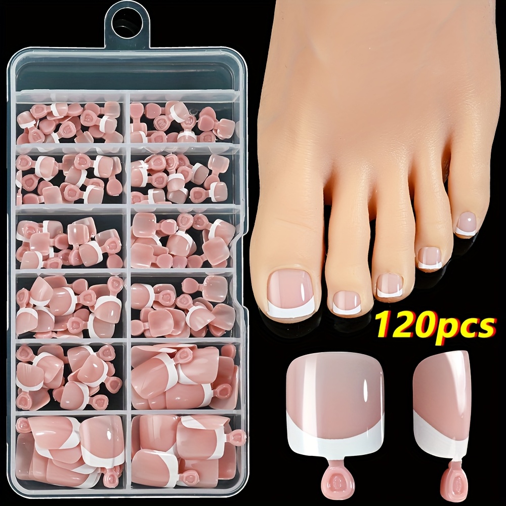 120pcs French On Toenails - Glossy Acrylic Fake Nails, Short Square Full Cover Reusable & Removable Fake Nails For Women, 12 Sizes For Summer Nail Art, Pedicure & Manicure Supplies, Nails Accessories