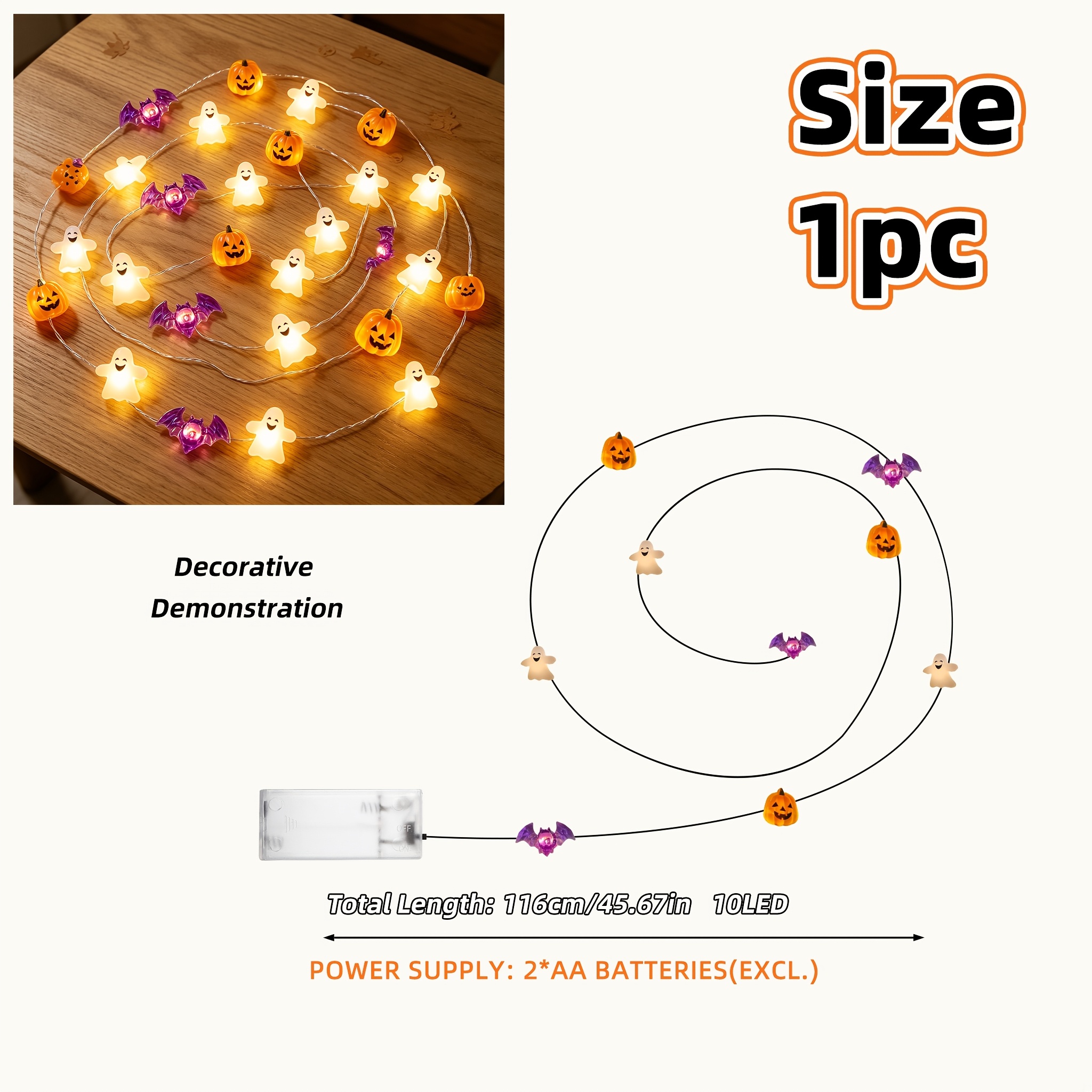 TEMU Halloween Decor Light String, White Purple Bat Orange Pumpkin String Lights, 45.67in, Lights, Lighted Holiday Displays, For Home Decor, Room