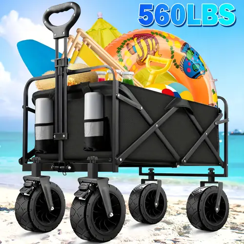 collapsible folding wagon cart 560lbs large capacity camping wagon with all terrain wheels heavy duty utility wagon cart for grocery outdoor beach gardening shopping pet fishing black