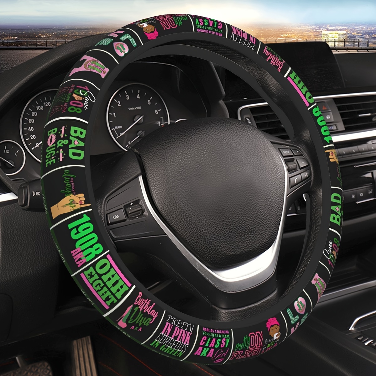 

-themed Neoprene Steering Wheel Cover, Lightweight, Sweat Absorbent, Soft Grip, Without Inner Circle, Universal Fit 15 Inch, Non-slip Chloroprene Rubber Protection For Vehicle Steering Accessory