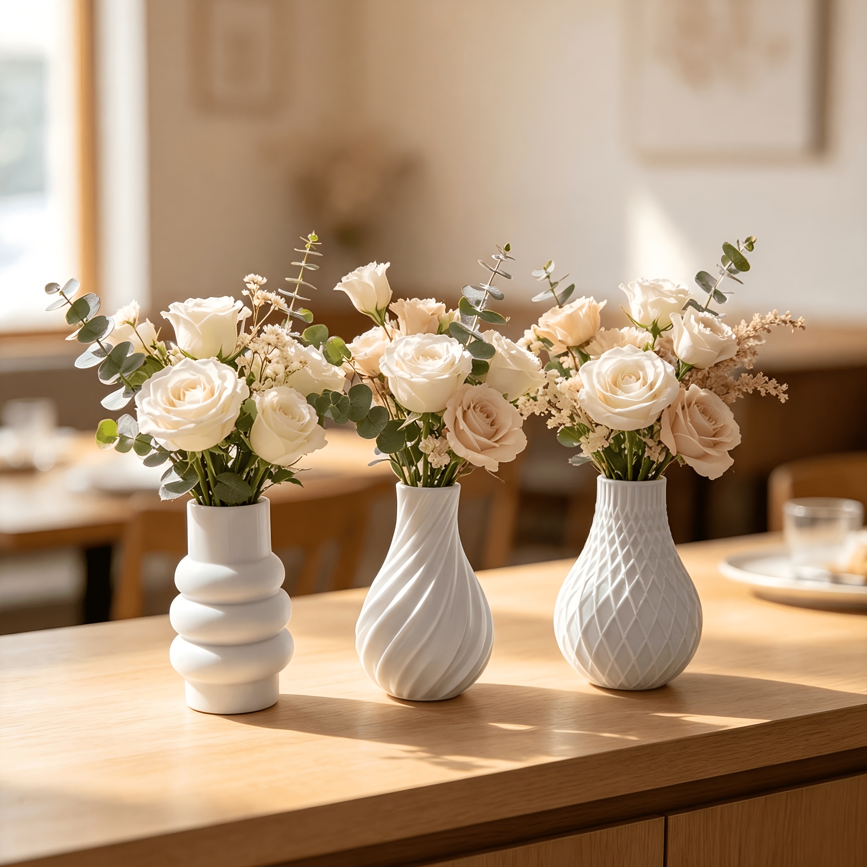 TEMU 3pcs Vase Set Nordic Style Mini White Plastic Vase 3pcs Set, Texture/step Design Easy Small Vases, Desktop Hydroponic Dried Flower Arrangement