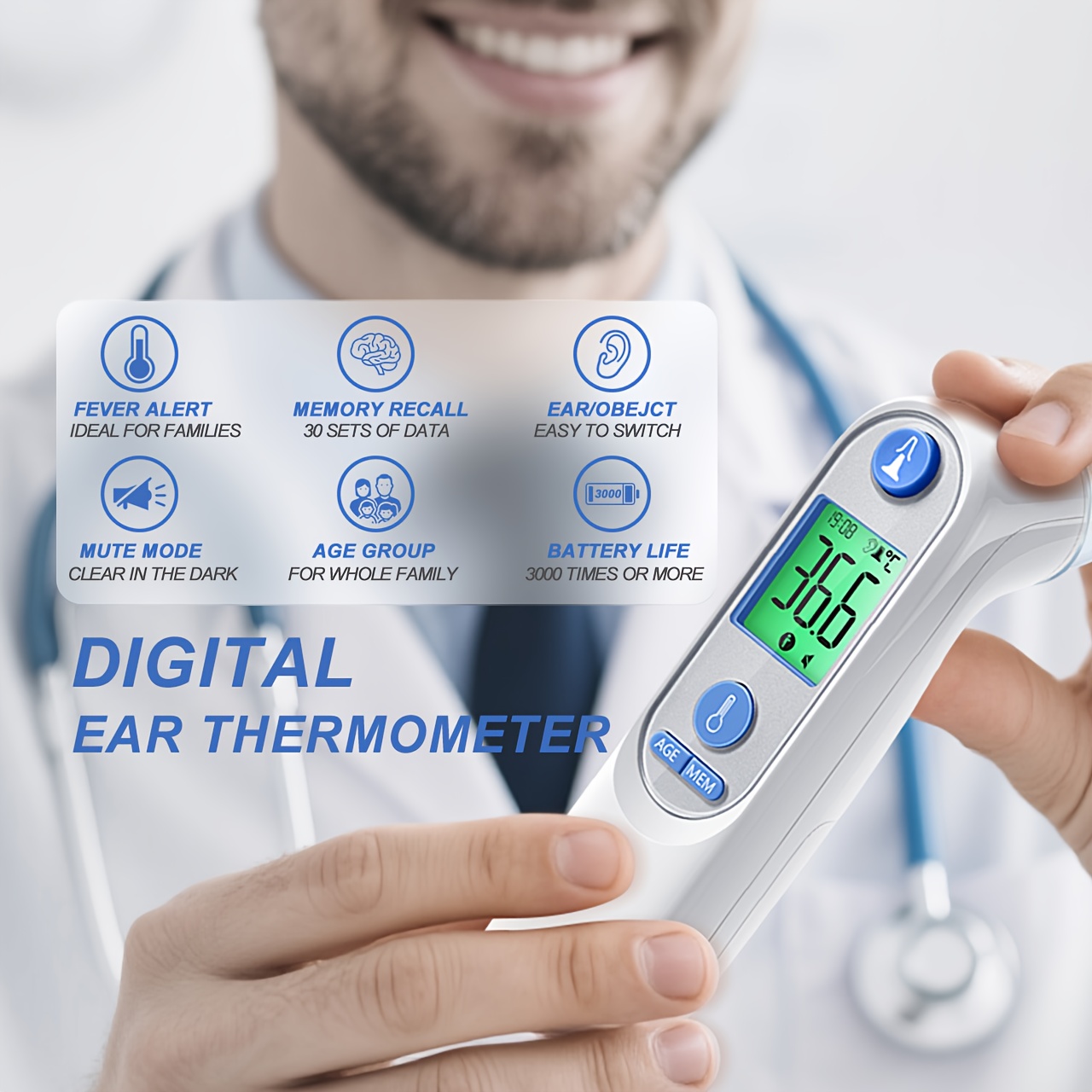 Puzxo Non-contact Thermometer, Instant 1 Second Accurate Temperature Measurement, Ear Temperature Gun, With LCD Display, Suitable For Babies, Children And Adults, Infrared Thermometer, Suitable For Family, Travel, Disease Monitoring