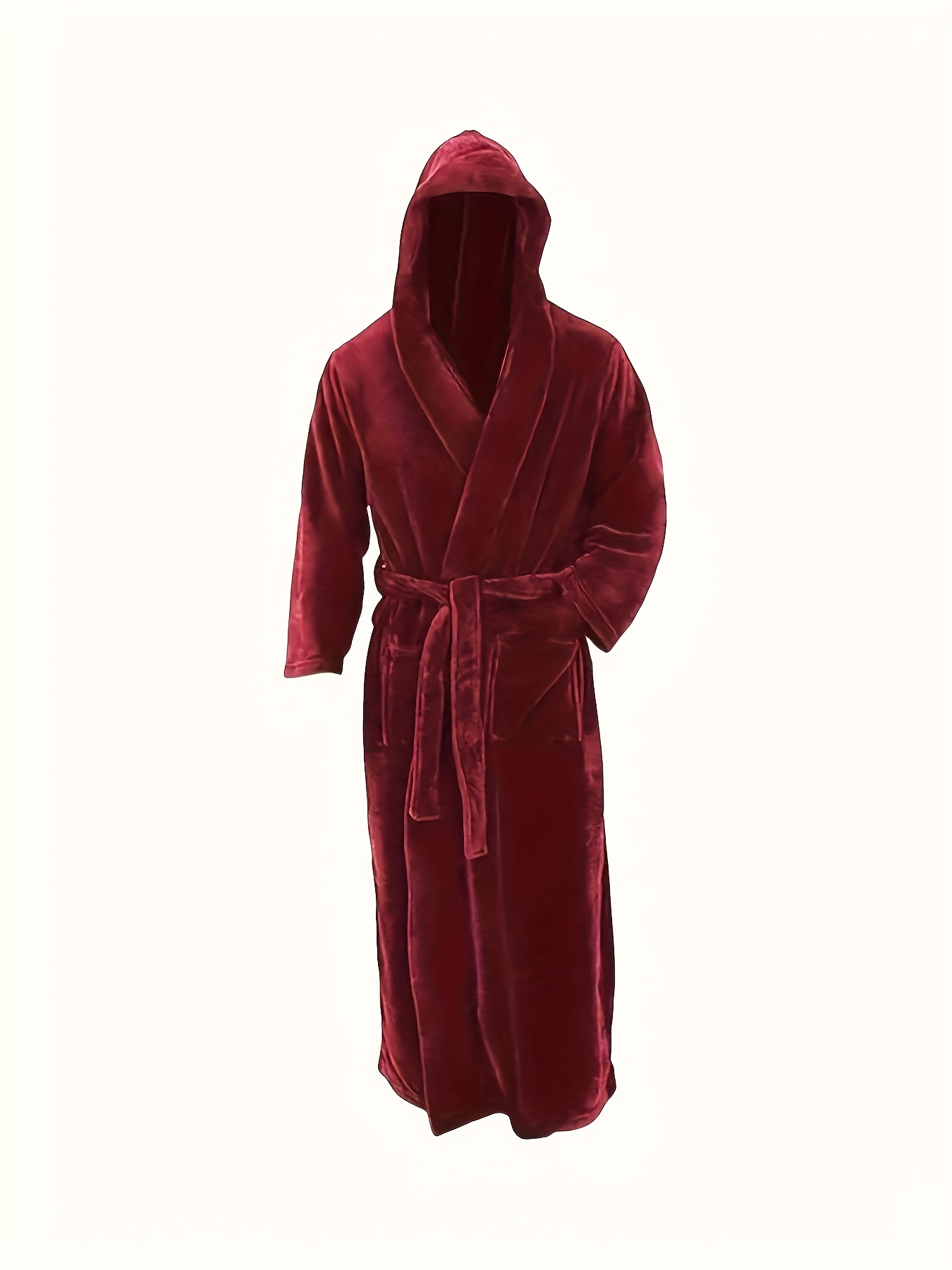 Men's Long Black Fleece Bathrobe with Double Hood - Soft, Breathable, Adjustable Belt, Solid Color, Ideal for Autumn/Winter Comfort