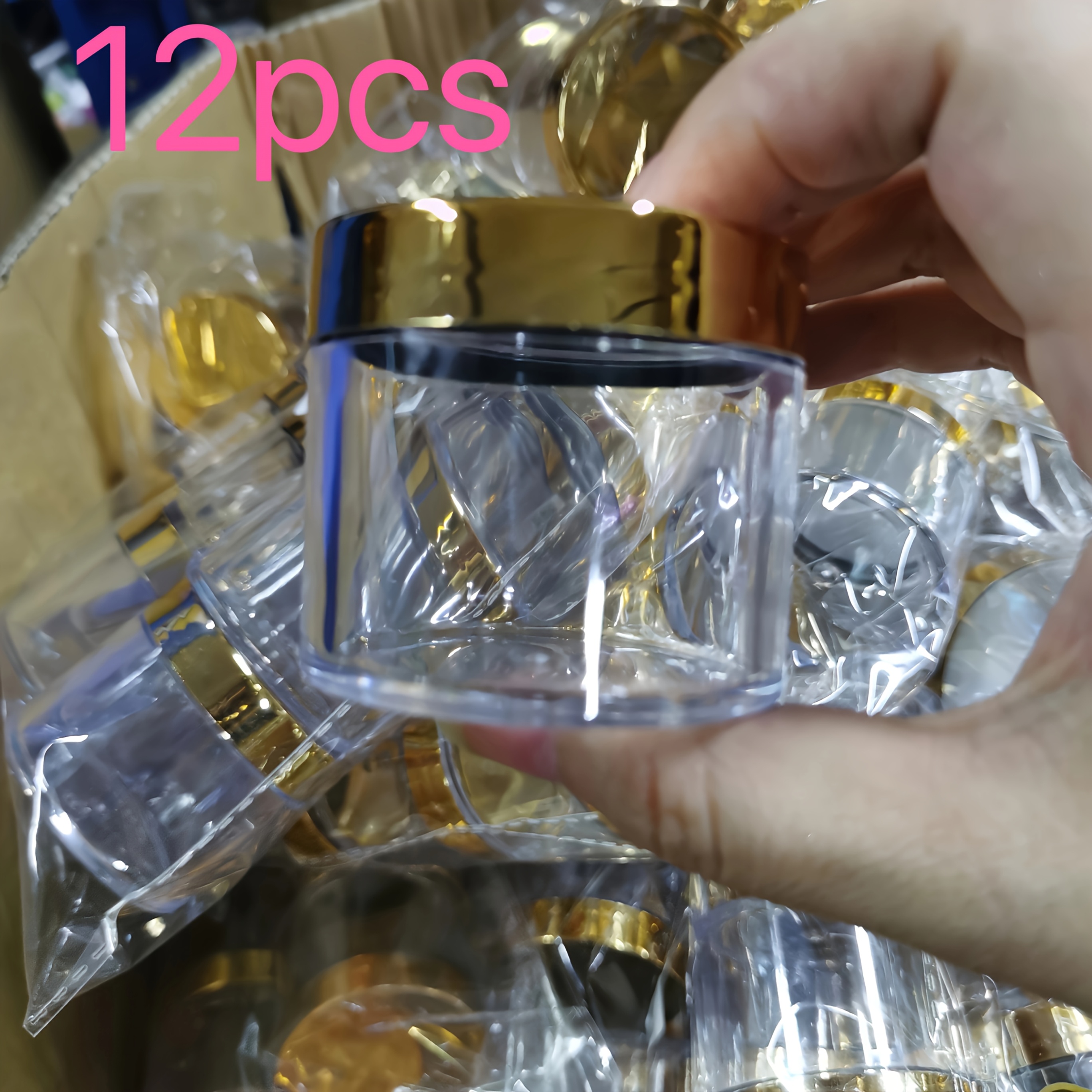 TEMU 12pcs Set 2oz Golden Acrylic Jar With Lid-clear Cosmetic Container, Suitable For Nail Powder, Sequins And Rhinestones-travel-friendly Makeup Basin
