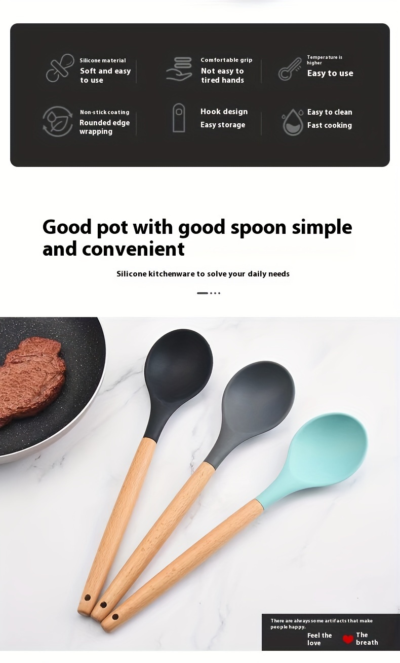 silicone spoon with wooden handle versatile kitchen utensil for soup salad stirring   easy to clean details 1