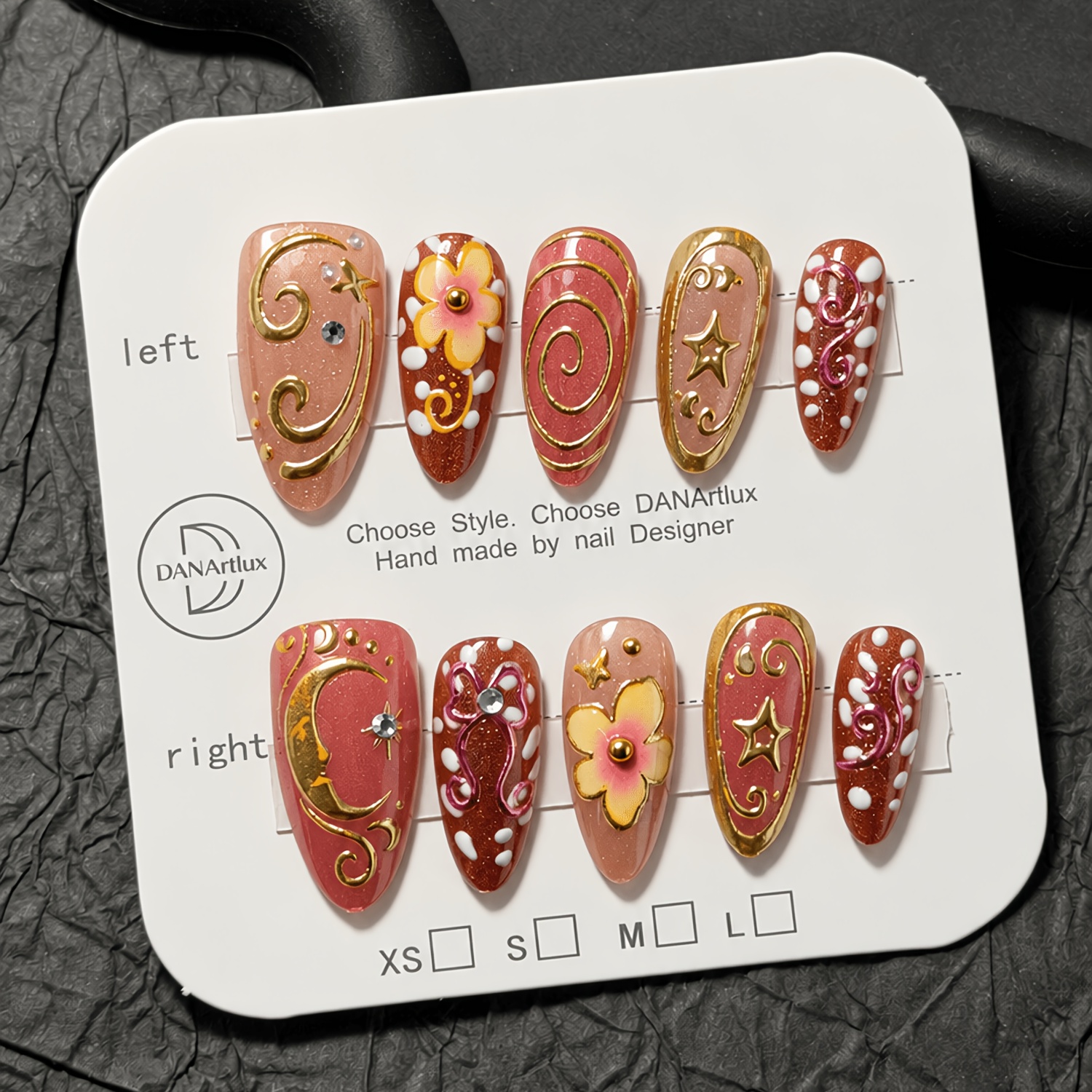 TEMU 10 stuks DANArtlux medium amandelvormige druk-op-nagels geschikt voor vrouwen, roze gouden hemelse strass nageltips met 3D ster bloemenkrullen,