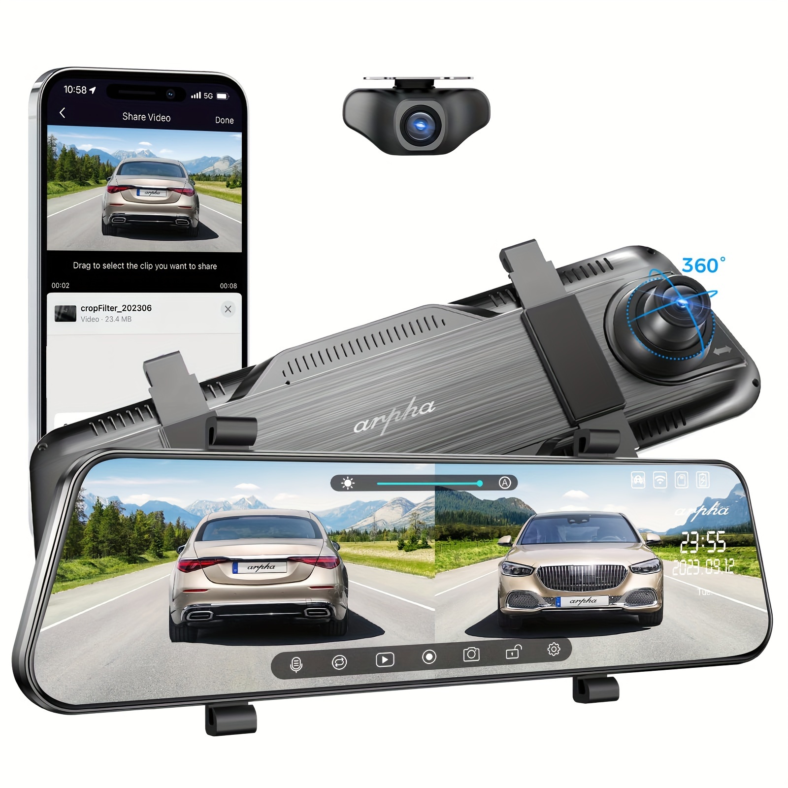 

10'' Rear View Mirror Dual Camera Dash Cam,dash Cam Front 1080p And Rear 720p, App Control With Wifi And Gps,english ,wdr , Parking Mode(need To Connect Mini 3-lead Hard-wire Kit),