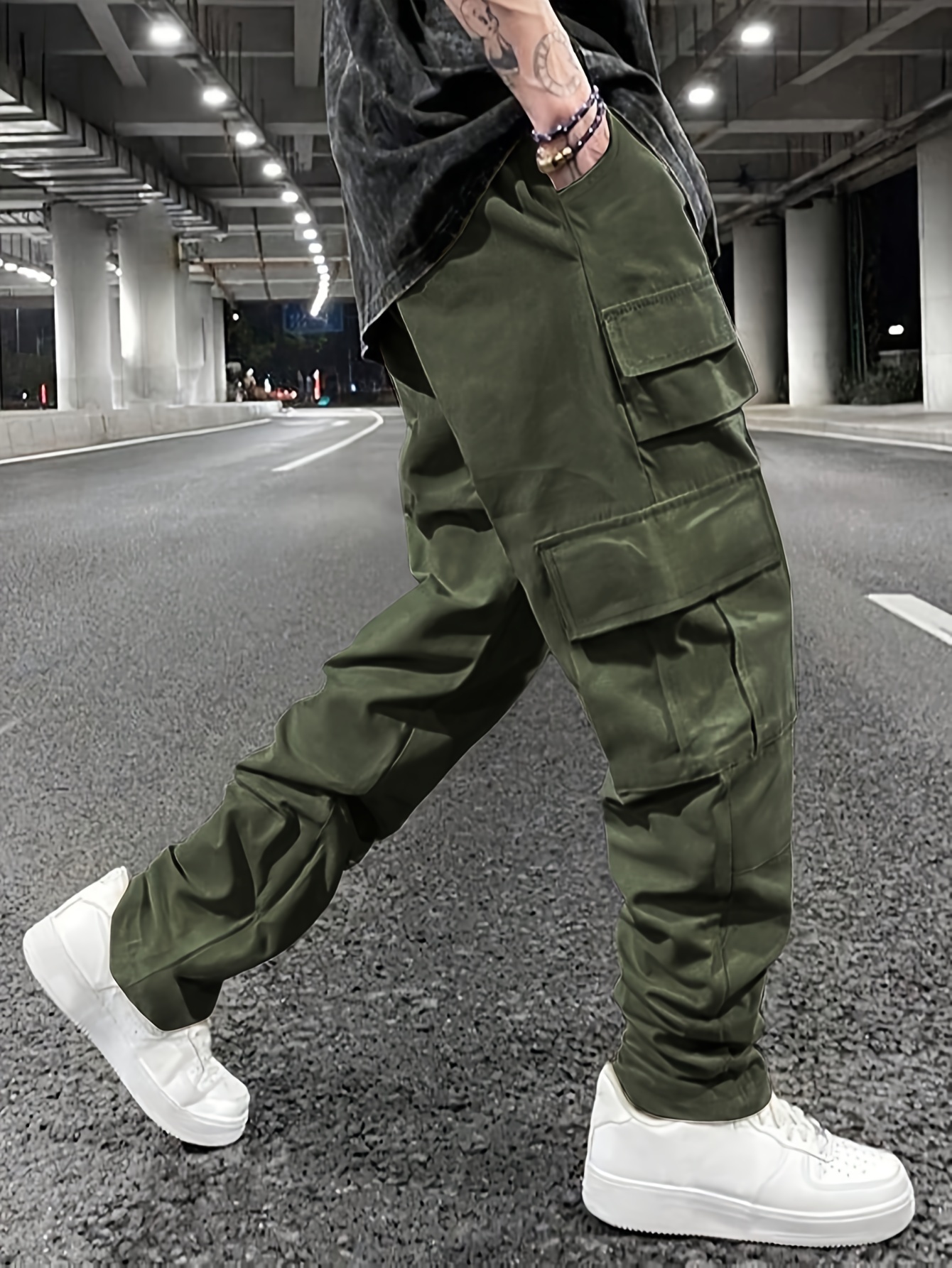 casual solid men's loose fit drawstring cargo pants multiple