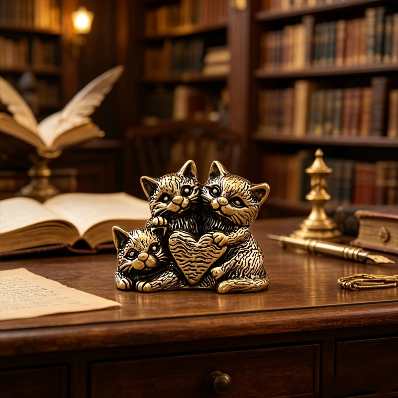 TEMU Vintage Distressed Brass 3-cat Figurine, Embracing A Solid Heart, Exuding A Retro Atmosphere, Unique And Decorative Item, Indoor/outdoor Use,