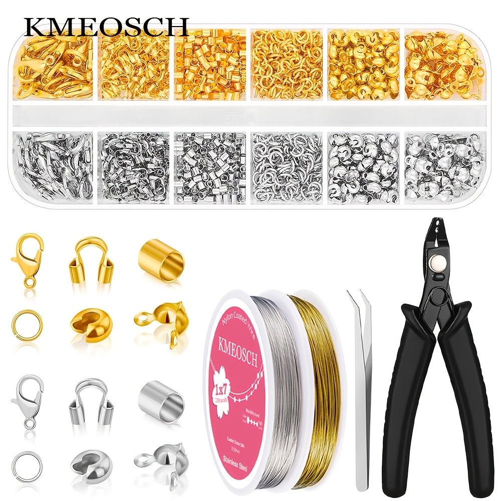 TEMU KMEOSCH Lot de 1200 perles à sertir pour la fabrication de bijoux, comprenant des capuchons à sertir, des tubes à sertir, des protège-fils, des