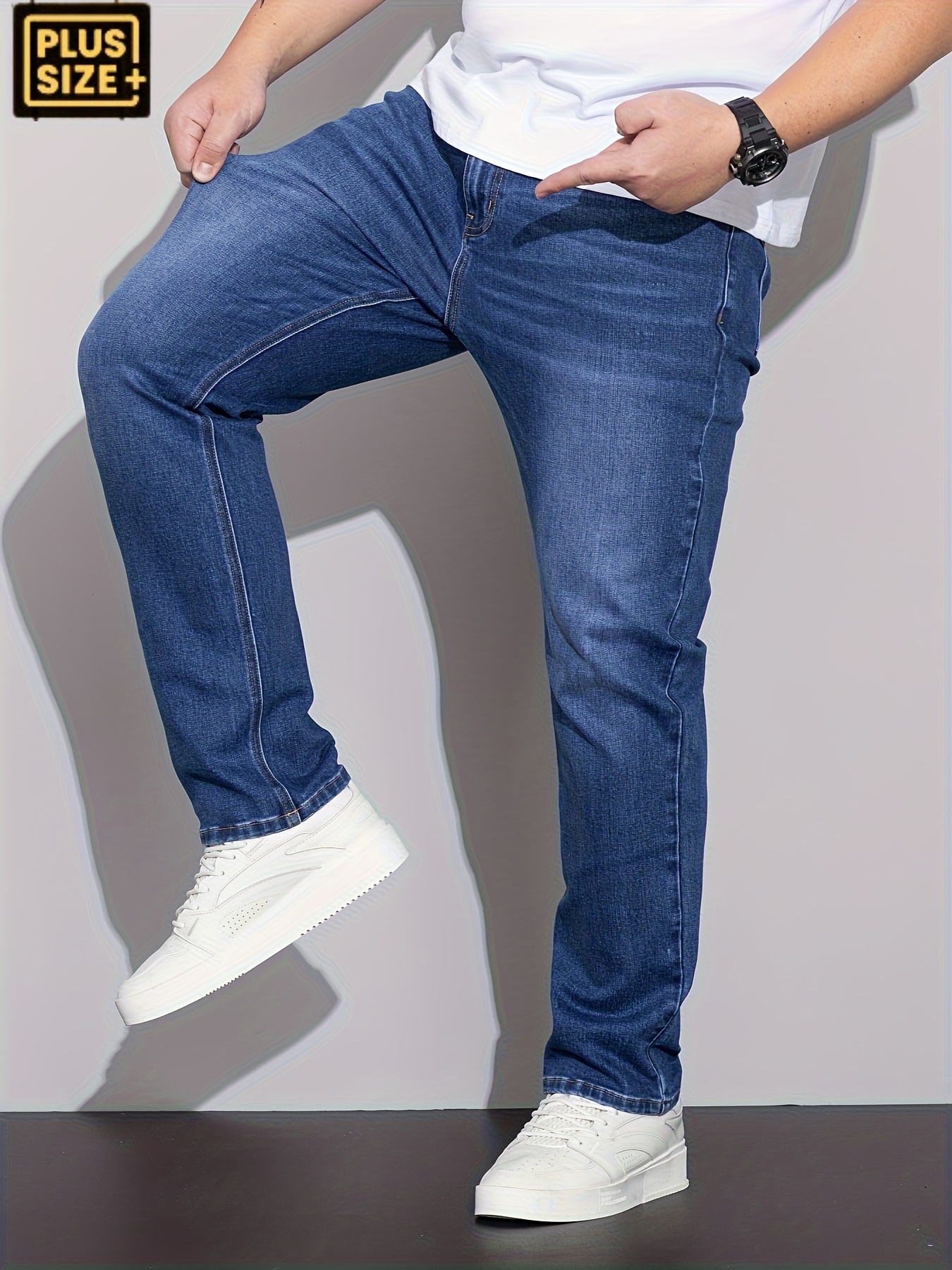 Men'S Plus Size Comfort Stretch Straight-Leg Jeans - Light Blue Washed Denim, Loose Fit Casual Pants with Button Closure, All-Season Wear, Comfortable Clothing | Straight Leg Jeans | Medium Elasticity