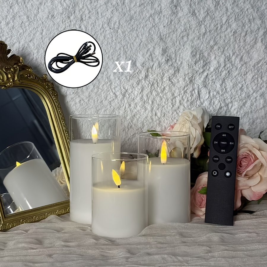 TEMU 3-pack Flickering Battery-powered Led Candles, White, With Remote Control (batteries Not Included), Candles Contain Rechargeable Batteries,