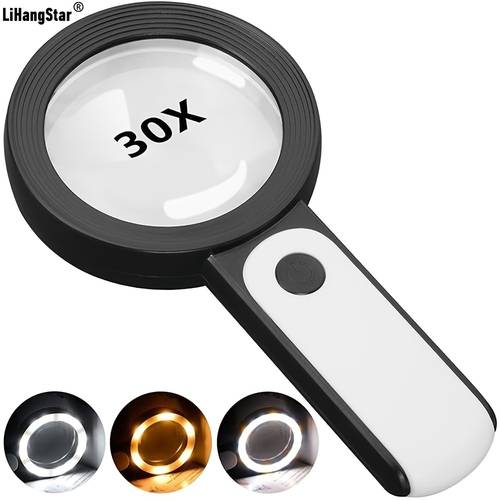 lighted magnifying glass 30x handheld large size 18 led warm and cool light 3 ideal for reading inspection jewellery and exploration