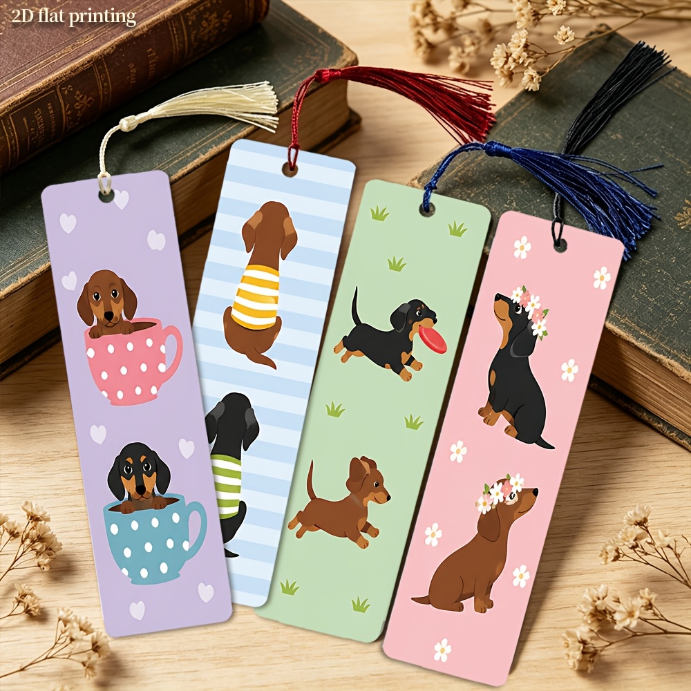 TEMU Teacup Dachshund Cute -painted Tassel Bookmark Set, Tassel Color Random, 5.9×1.57 Inch, 4pcs, Durable And Unique, Reading Gift For Art Lovers,