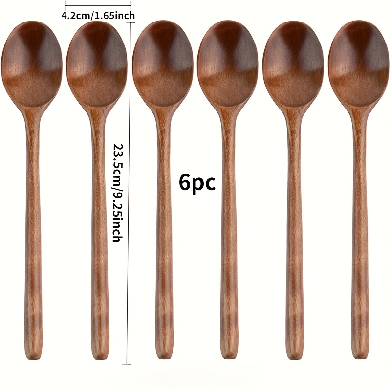 E-shop 6-teiliges Multifunktions-Löffelset mit 23,5 cm langem Stiel – Suppenkelle, Dessertlöffel, Kaffeelöffel, Rührlöffel aus Holz für Küche,