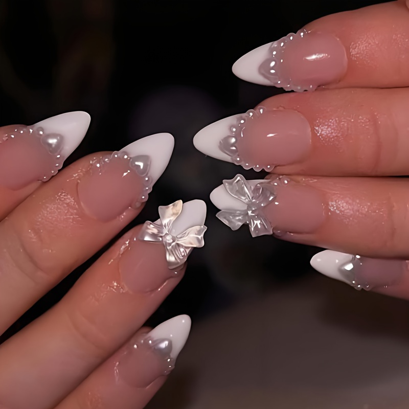 24pcs Medium Almond Press On Nails White Tip Nails With Aurora Heart & Design Chic For Women Fake Nails Art Daily Wear