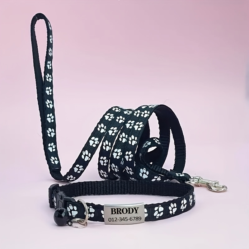 TEMU Custom Pet Collar And Leash Set, Paw Print Cat Collar And Pet Tag Customization, For Outdoor Walking Suitable For Puppies And Cats, Without