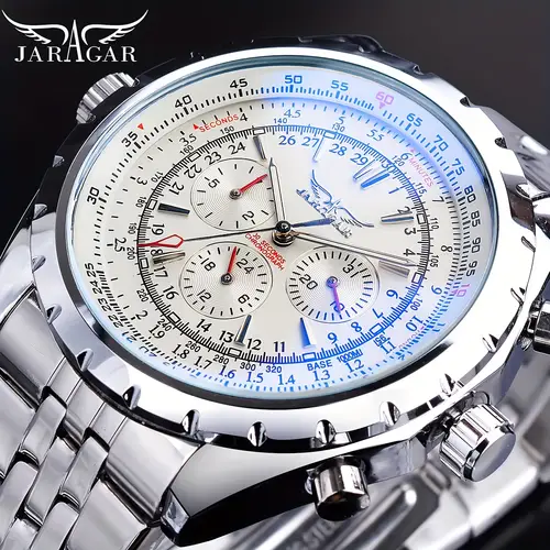 mens business watch sleek stainless multi functional display with luminous hands blue glass dial